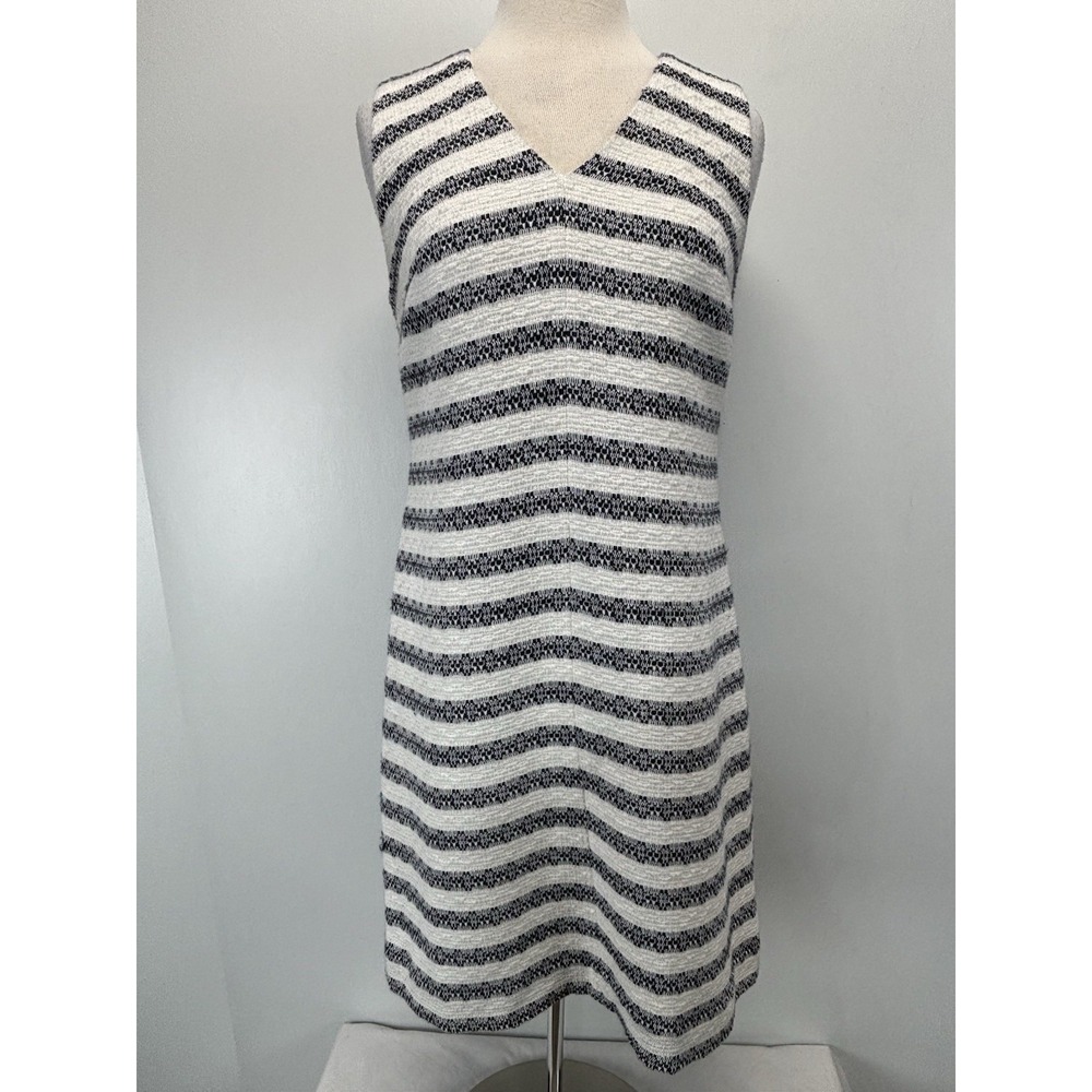 J. Crew A-line Dress Sz 8 Women's White Navy Striped Tweed Like Sleeveless Short